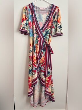 Multicolor Floral Wrap Dress | Boho V-Neck Tie Waist Midi Dress Size M